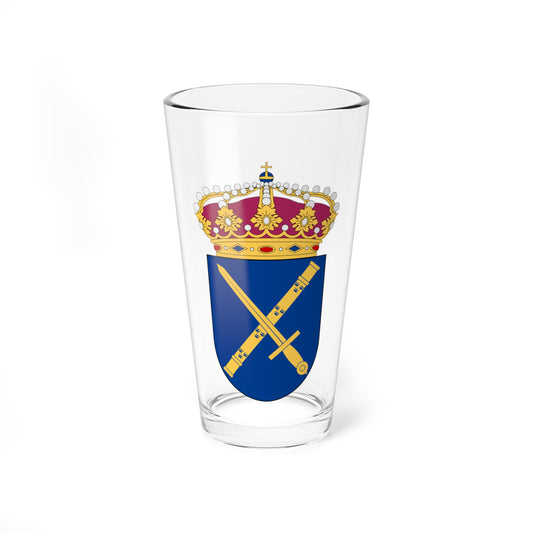 Blue heraldic shield with a gold sword and cannon crossed beneath a gold crown set with pearls.