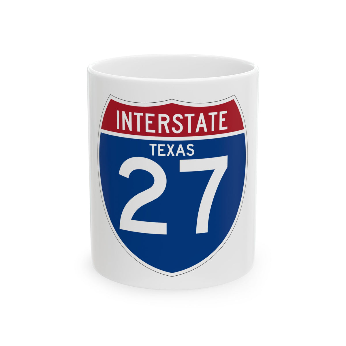 Interstate 27 shield in flat vector style, with a red INTERSTATE band, a small TEXAS label and white numerals.