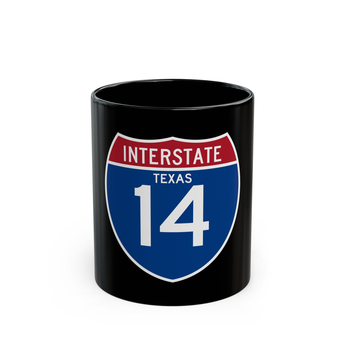 Blue and red Interstate highway shield reading INTERSTATE and TEXAS above the large white route number 14.