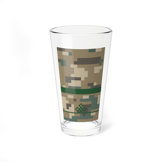 Three dark green outlined diamonds linked in a row over a blocky khaki, sage and beige camouflage pattern.
