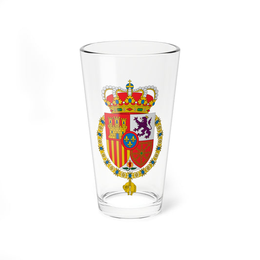 Flat vector coat of arms under a crown, with a castle, rampant lion and fleurs-de-lis inside a gold chain collar.