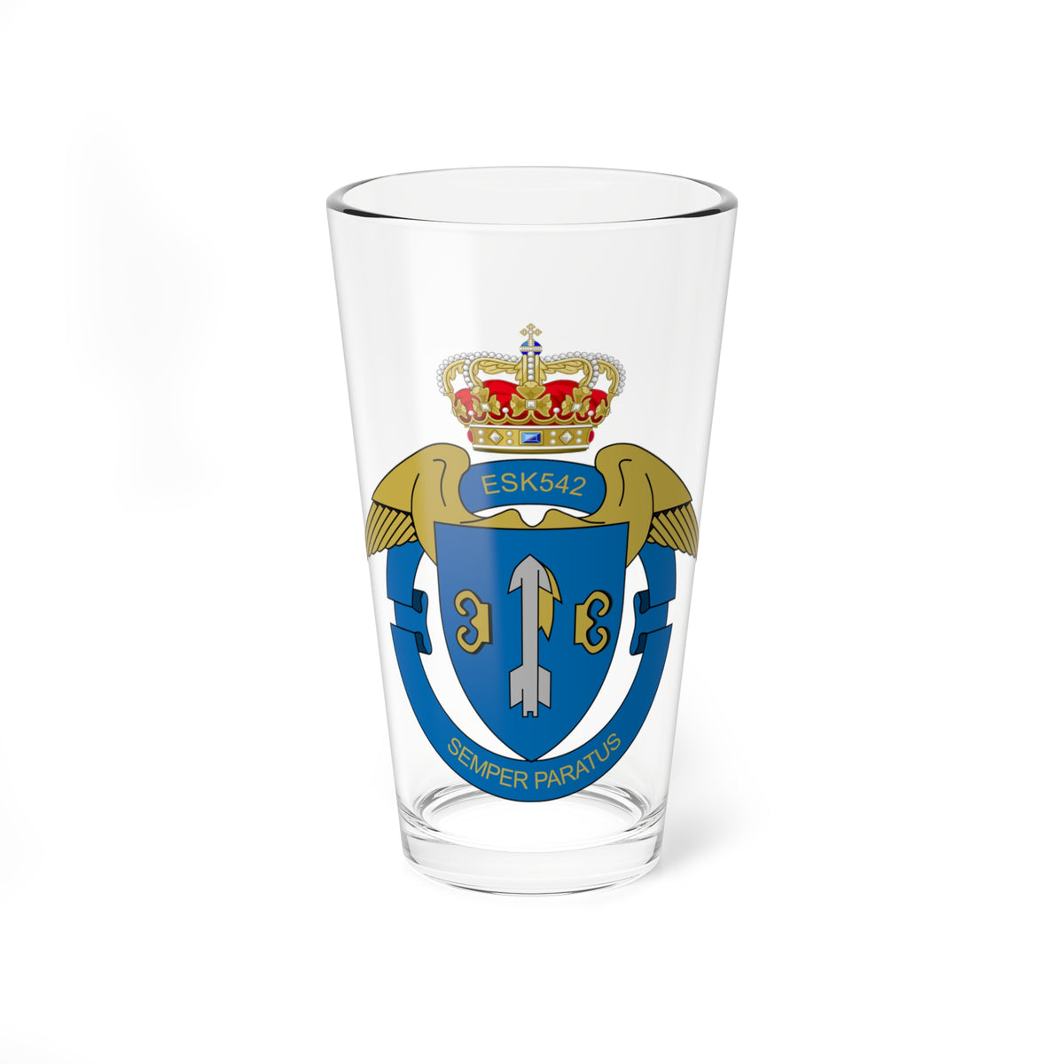 Flat vector heraldic crest with a grey missile between gold brackets on a blue shield, a crown, gold wings and a ribbon.