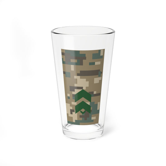 Pixelated khaki and sage green camouflage with three stacked dark green chevrons pointing upward.