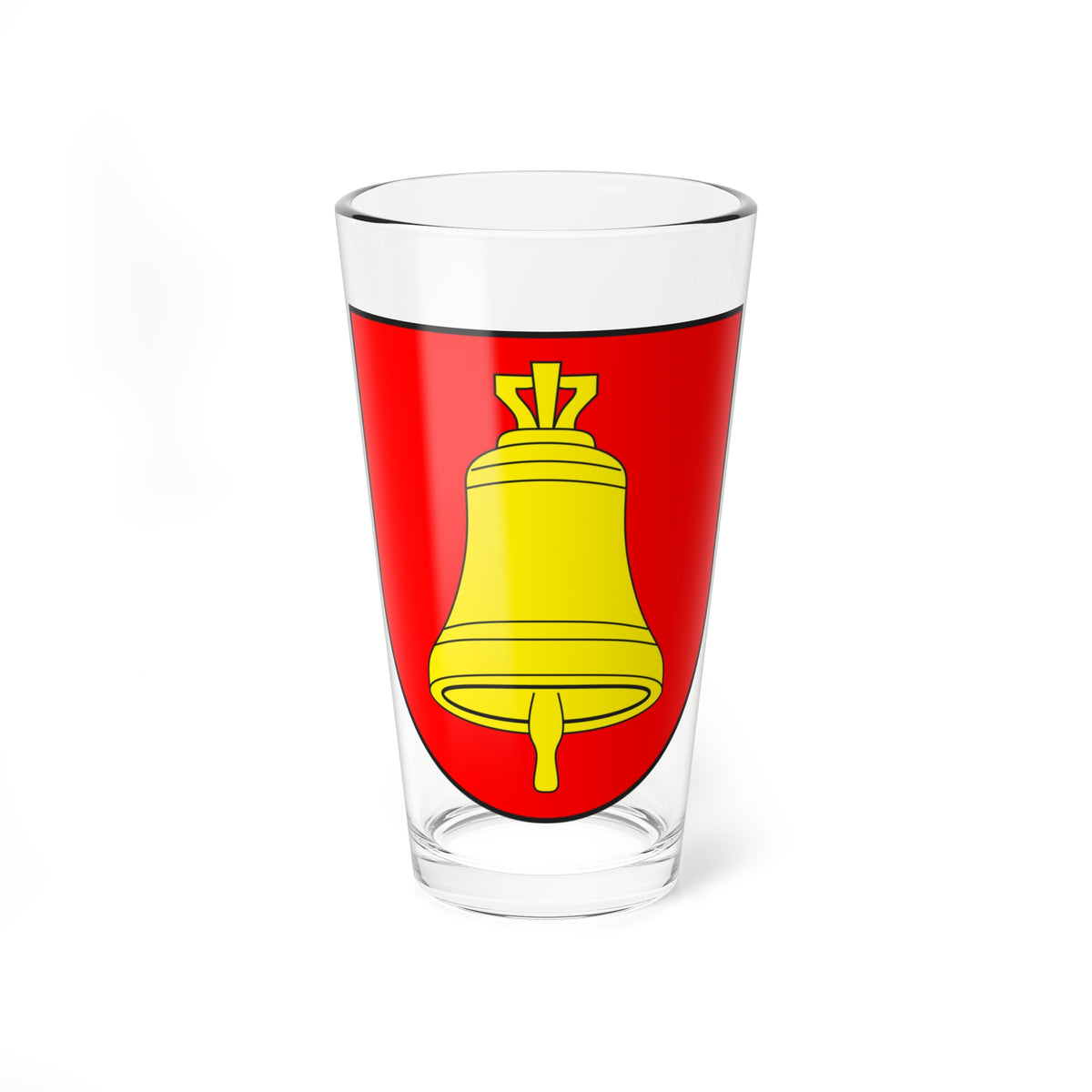 Heraldic shield with a yellow bell hanging from a yoke on a plain red field, in flat vector style.