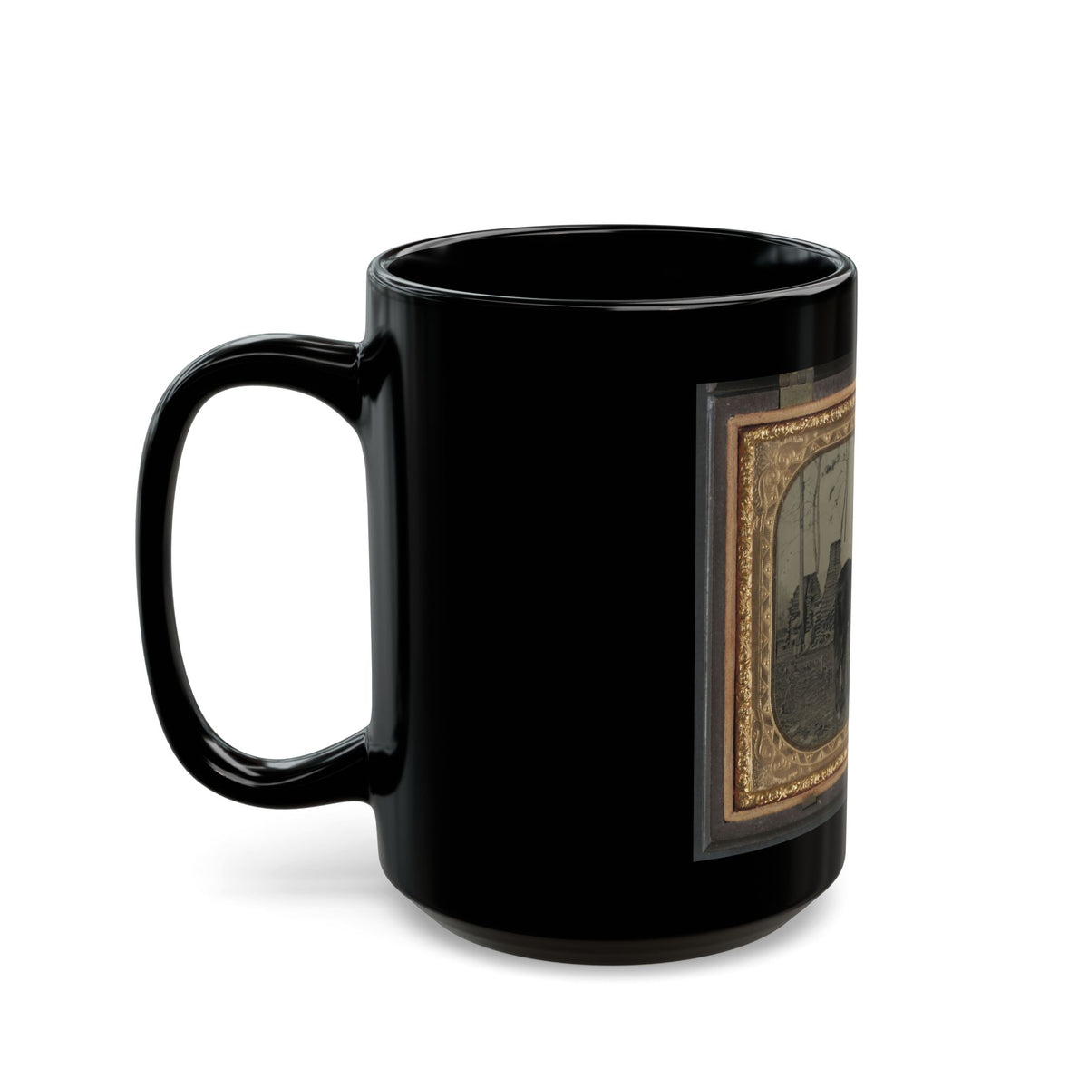 Unidentified Soldier In Union Cavalry Uniform, On Horse, With Cavalry Saber, In Front Of Encampment With Winter Chimneys (U.S. Civil War) Black Coffee Mug