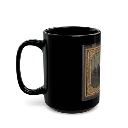 Unidentified Soldier In Union Cavalry Uniform, On Horse, With Cavalry Saber, In Front Of Encampment With Winter Chimneys (U.S. Civil War) Black Coffee Mug