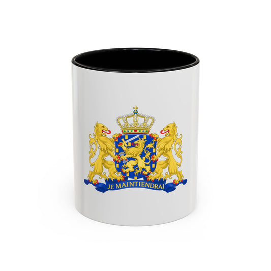 Royal coat of arms with two gold lion supporters around a blue shield bearing a gold lion, under a crown.