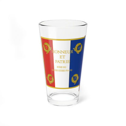 A tricolour military standard with gold mottoes and campaign dates, framed by gold laurel wreaths.