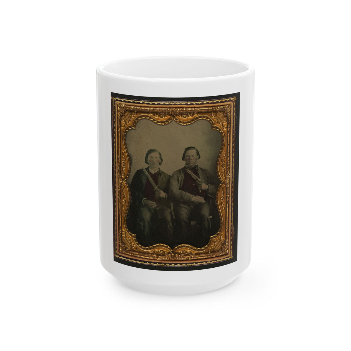 Two Unidentified Soldiers In Non-Regulation Confederate Uniforms With Single Shot Pistol And Colt Army Model 1860 Revolver (U.S. Civil War) White Coffee Mug