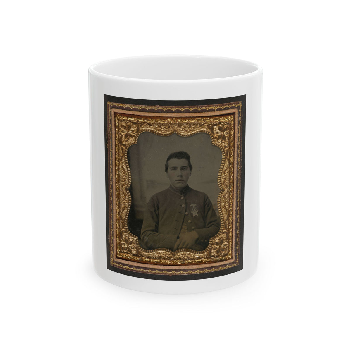 Unidentified Soldier In Union Uniform With 28th Pennsylvania Badge In Front Of Painted Backdrop Showing Window (U.S. Civil War) White Coffee Mug