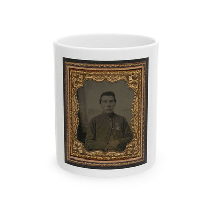 Unidentified Soldier In Union Uniform With 28th Pennsylvania Badge In Front Of Painted Backdrop Showing Window (U.S. Civil War) White Coffee Mug