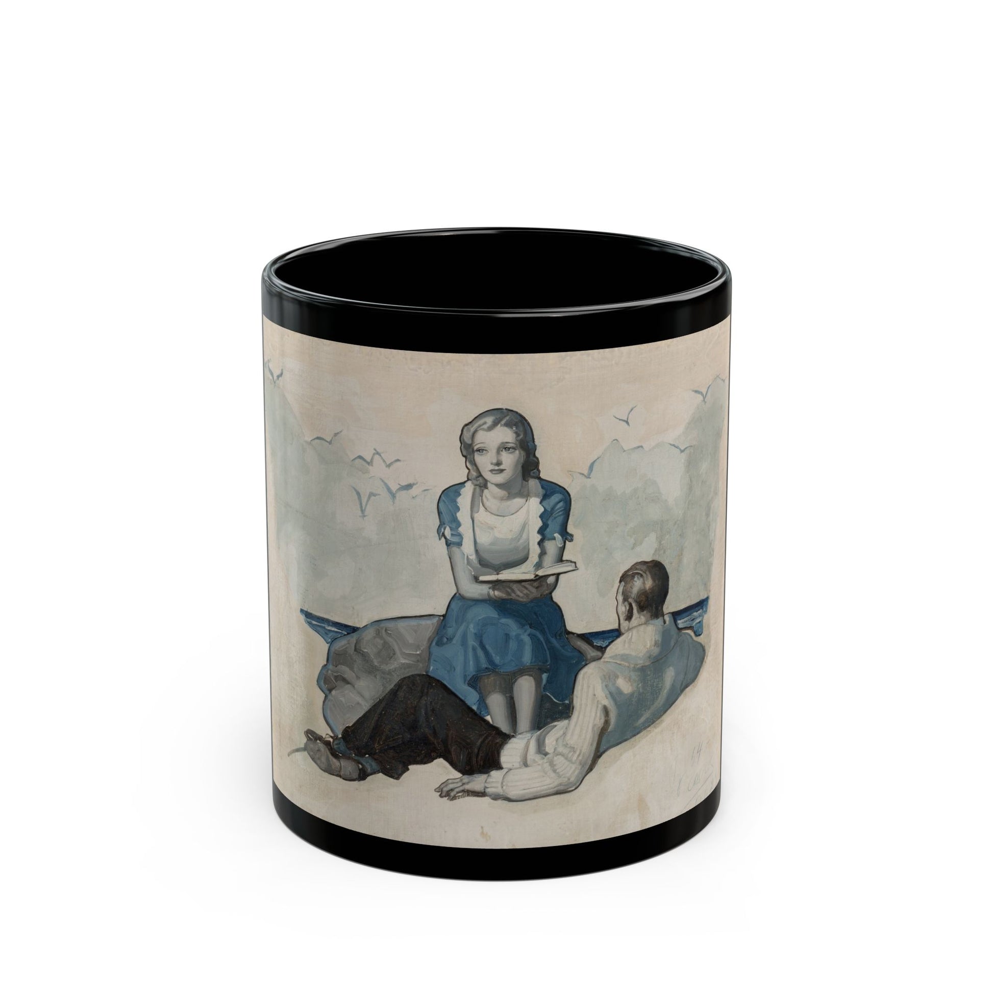 Couple Seated at Beach, 1927 - Black Coffee Mug-11oz-Go Mug Yourself