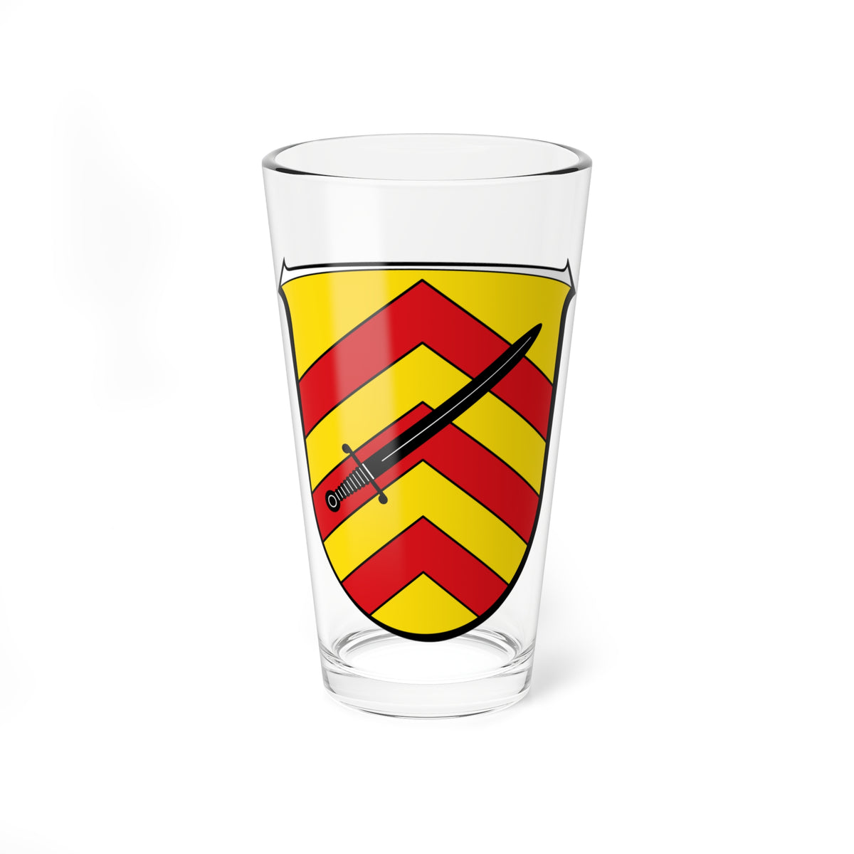 Heraldic shield of alternating red and gold chevron bands with a black dagger laid diagonally across it.