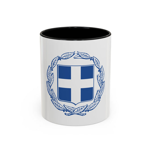 Blue line-drawn laurel wreath encircling a shield divided into blue and white quadrants forming a white cross.