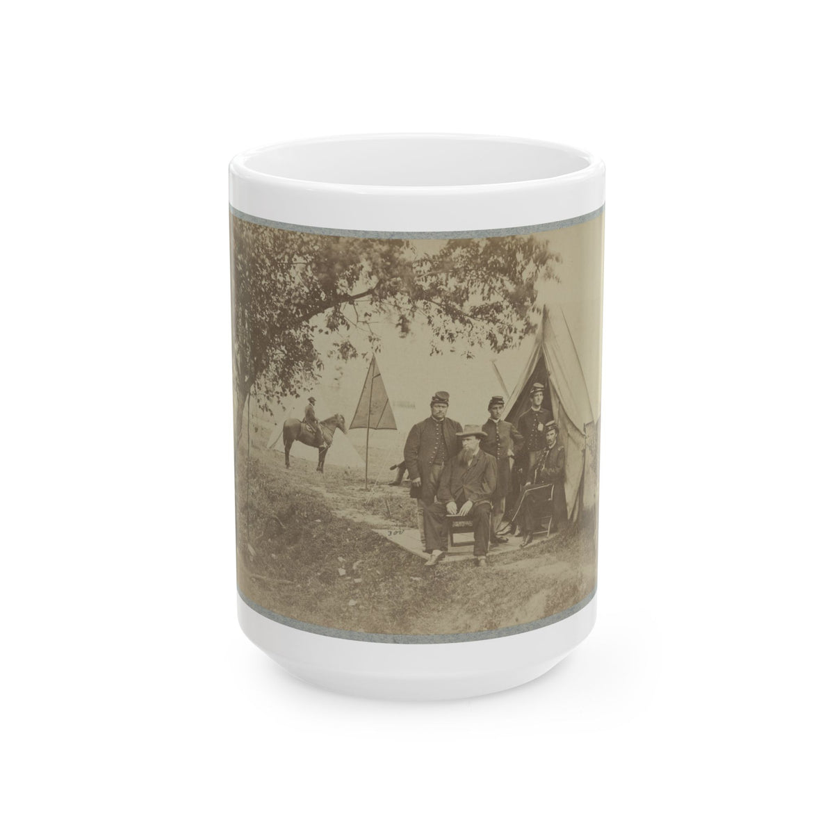 Group Of Five Officers Outside A Tent With A Man Sitting On A Horse In The Background (U.S. Civil War) White Coffee Mug