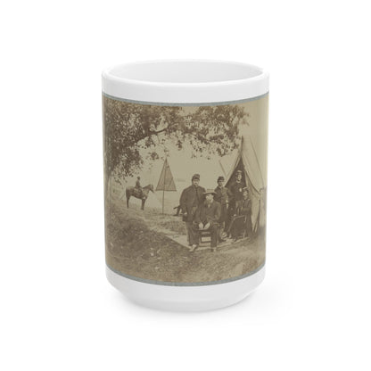 Group Of Five Officers Outside A Tent With A Man Sitting On A Horse In The Background (U.S. Civil War) White Coffee Mug