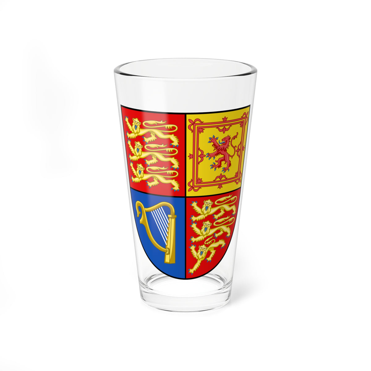 Quartered heraldic shield with three gold lions on red, a red rampant lion in a double border, and a gold harp on blue.