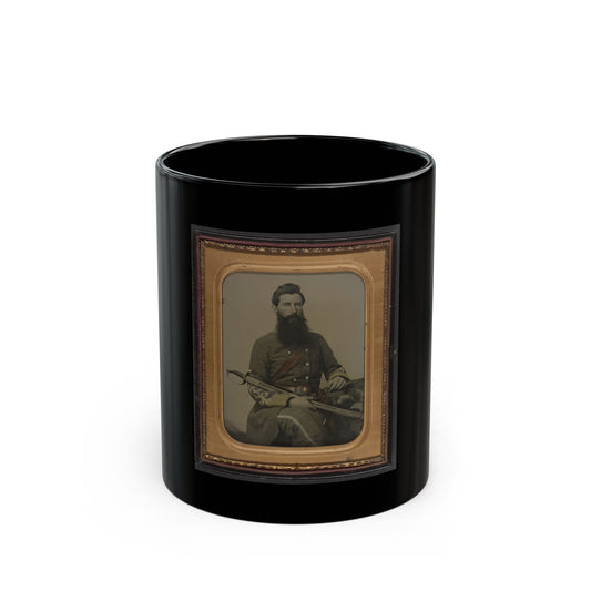 Hand-tinted portrait of a bearded man in a grey military jacket seated with a sabre across his lap, in a gilt case.