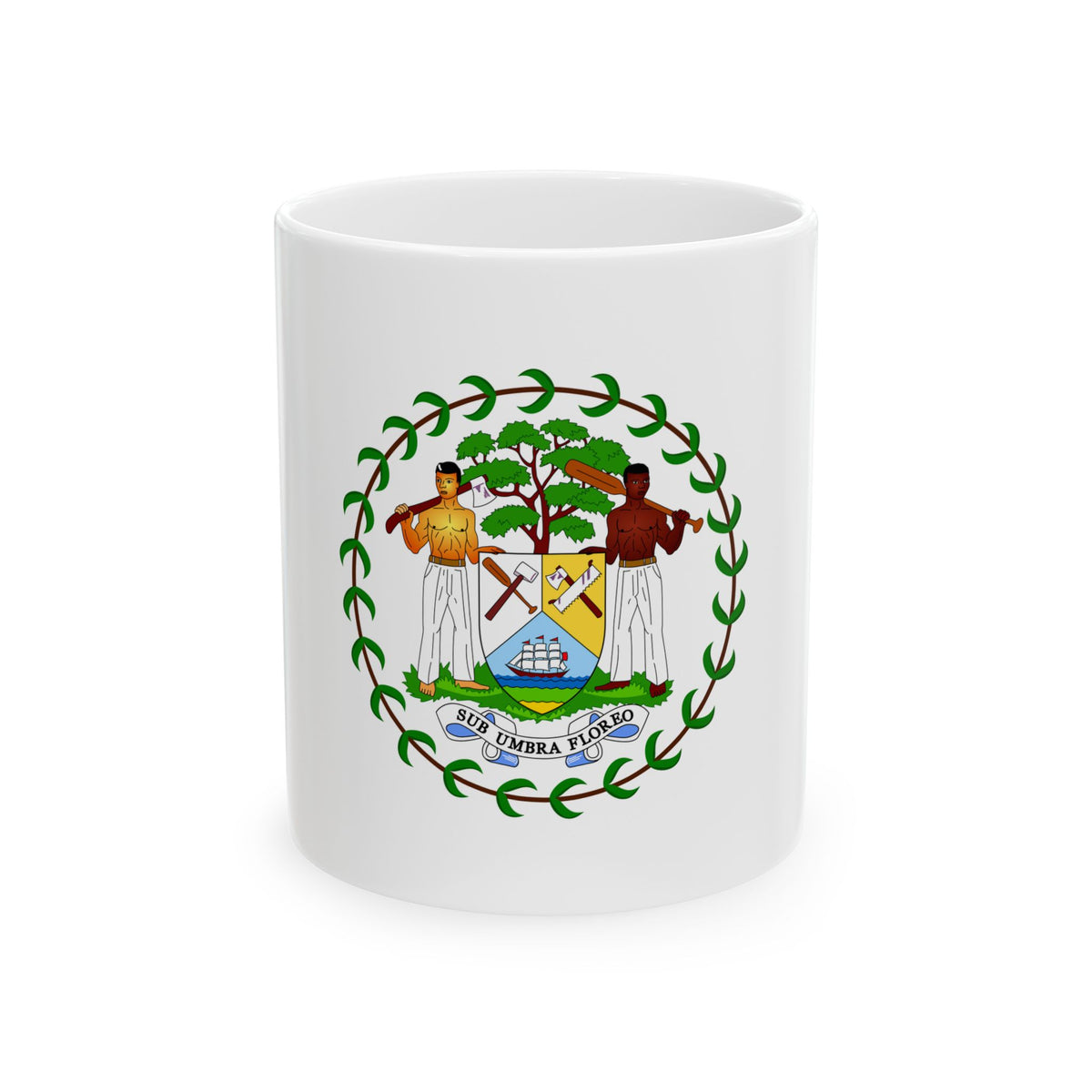 Circular Belize coat of arms with two men holding axes beside a mahogany tree, a ship, and the motto SUB UMBRA FLOREO.
