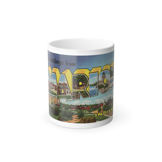 Vintage linen postcard spelling MARION in large yellow block letters filled with views of local parks and buildings.