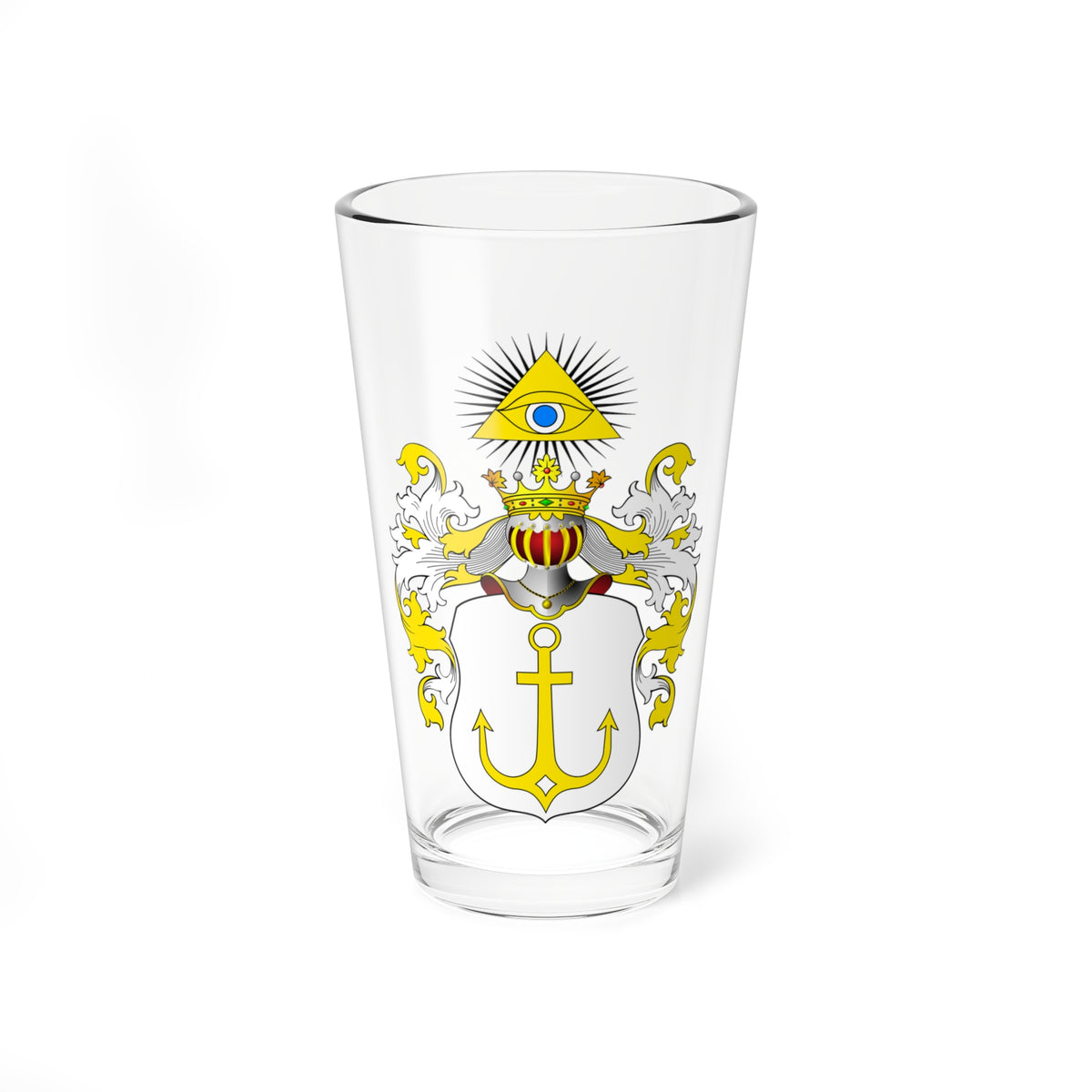 White heraldic shield with a yellow anchor, topped by a crowned helm and a yellow triangle holding an eye.