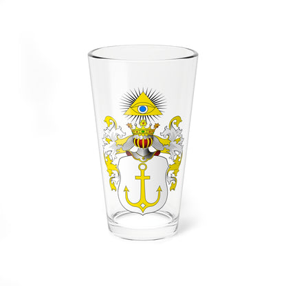 White heraldic shield with a yellow anchor, topped by a crowned helm and a yellow triangle holding an eye.