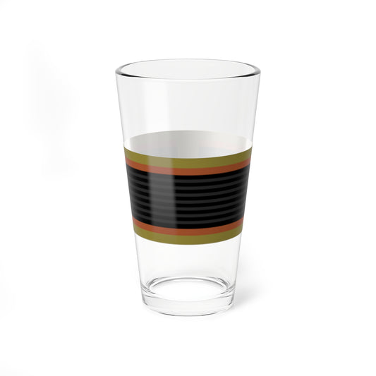 Rectangular ribbon-style design with horizontal black and dark grey stripes, rust edges and an olive border.