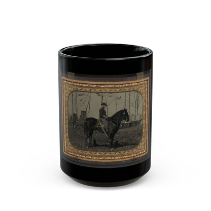Unidentified Soldier In Union Cavalry Uniform, On Horse, With Cavalry Saber, In Front Of Encampment With Winter Chimneys (U.S. Civil War) Black Coffee Mug