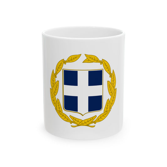 Gold laurel wreath encircling a shield with a white Greek cross on a navy blue field, flat heraldic emblem.