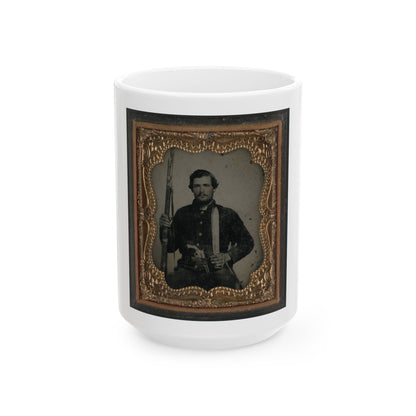 Unidentified Soldier In Confederate Uniform With Musket And Horstman & Sons Sword Bayonet, Pistol, And Bowie Knife (U.S. Civil War) White Coffee Mug