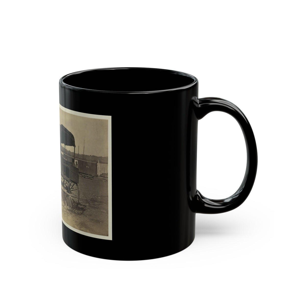 Covered Wagon With Side Curtains Rolled Up At A Military Facility (U.S. Civil War) Black Coffee Mug