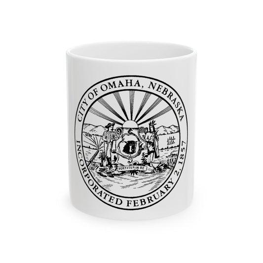 Black and white civic seal of Omaha, Nebraska, with a settler, a Native figure and a bison shield under a sunburst.
