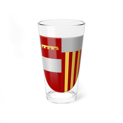Red heraldic shield with a gold crenellated band, a silver horizontal band and gold stripes on red.