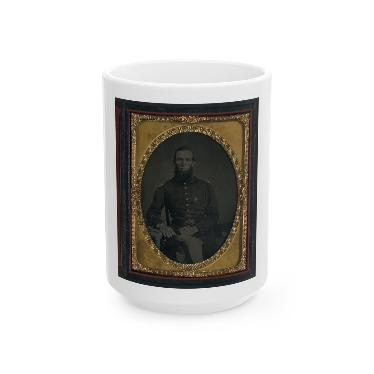 Unidentified Soldier In Union Uniform And Ohio Volunteer Militia Belt Buckle (U.S. Civil War) White Coffee Mug
