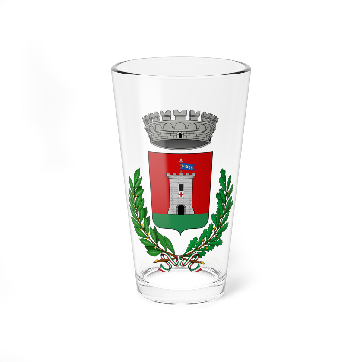 Coat of arms with a grey tower on red, a blue pennant reading FIDES, framed by laurel and oak branches.