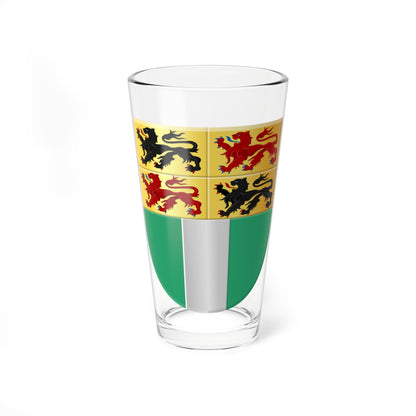 Heraldic shield quartered with black and red lions on gold, over a green base with a silver vertical pale.