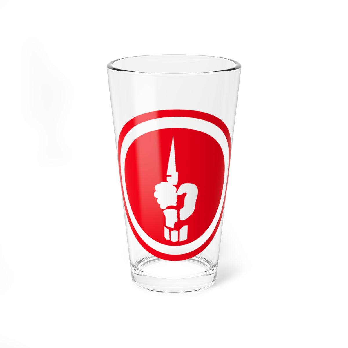 Red circular badge with a white ring and a white silhouette of a raised fist gripping an upright blade.