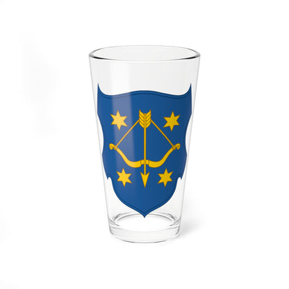 Blue heraldic shield with four gold seven-pointed stars and a gold bow and arrow at its centre.