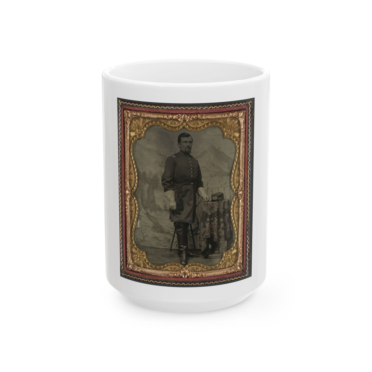 Unidentified Soldier In Union Captain's Uniform With U.S. Medical Service Hat In Front Of Painted Backdrop Showing Landscape (U.S. Civil War) White Coffee Mug