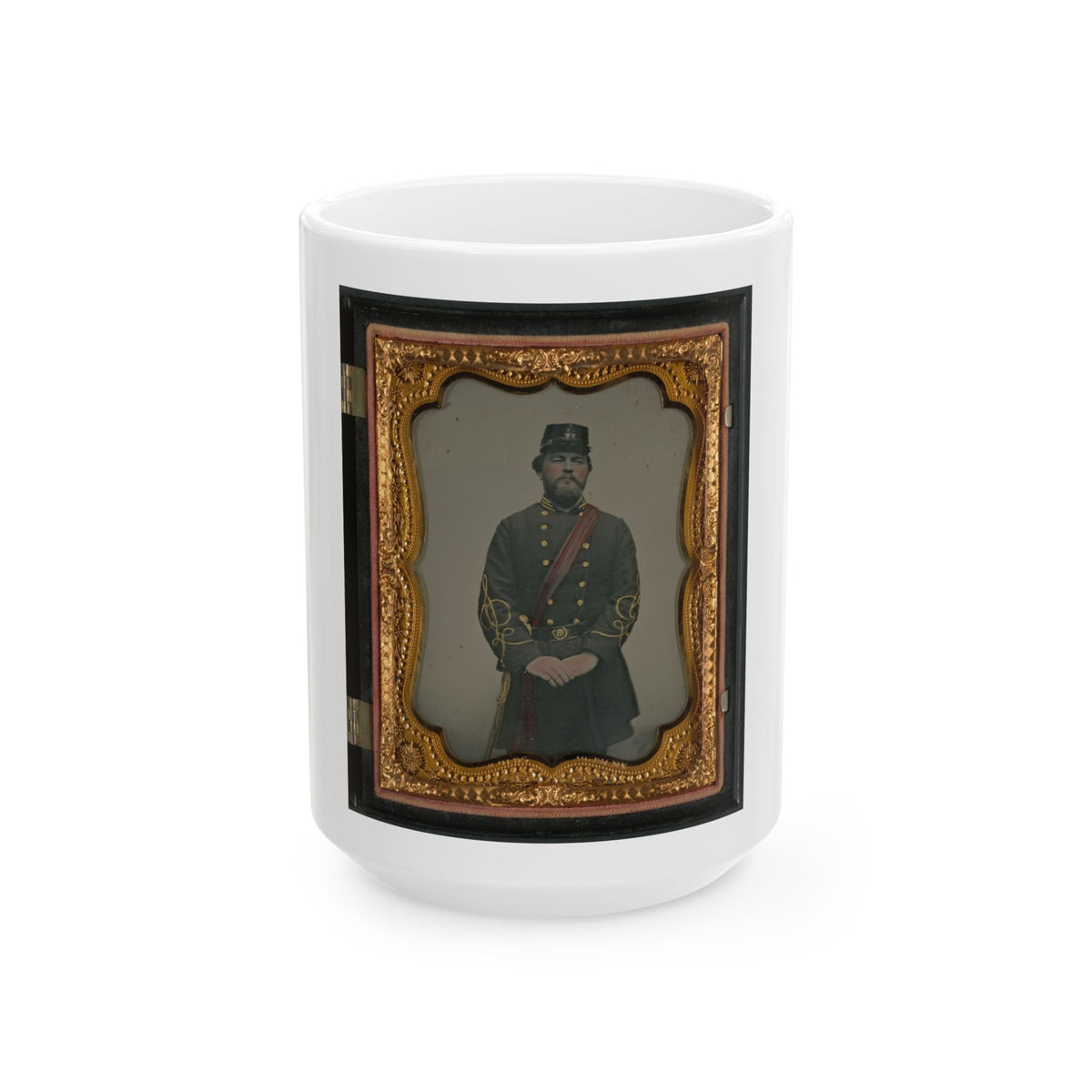 Unidentified Soldier In Confederate Captain's Uniform, Red Sash, And Kepi Marked V.V. (U.S. Civil War) White Coffee Mug