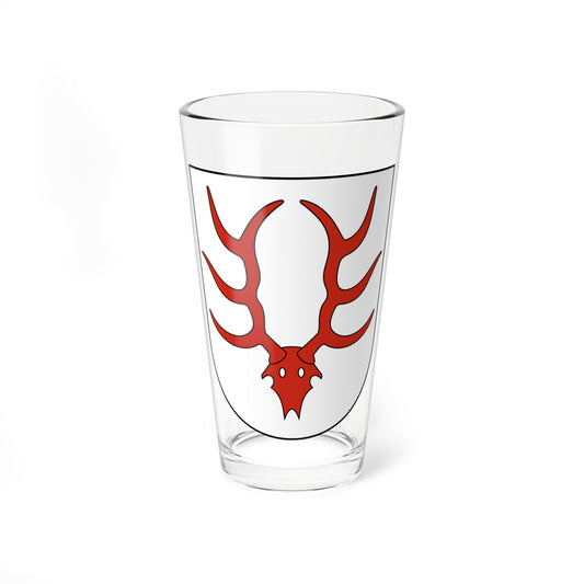 Red stylised stag head with wide branching antlers centred on a white heraldic shield outline.