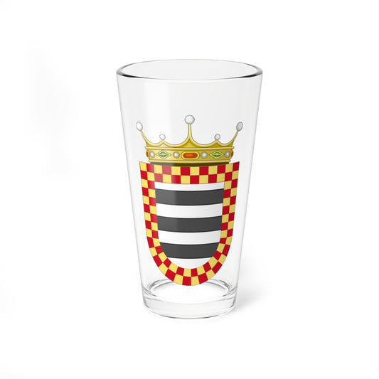 Shield with a red and yellow checkered border around grey and white horizontal bars, under a gold pearl crown.