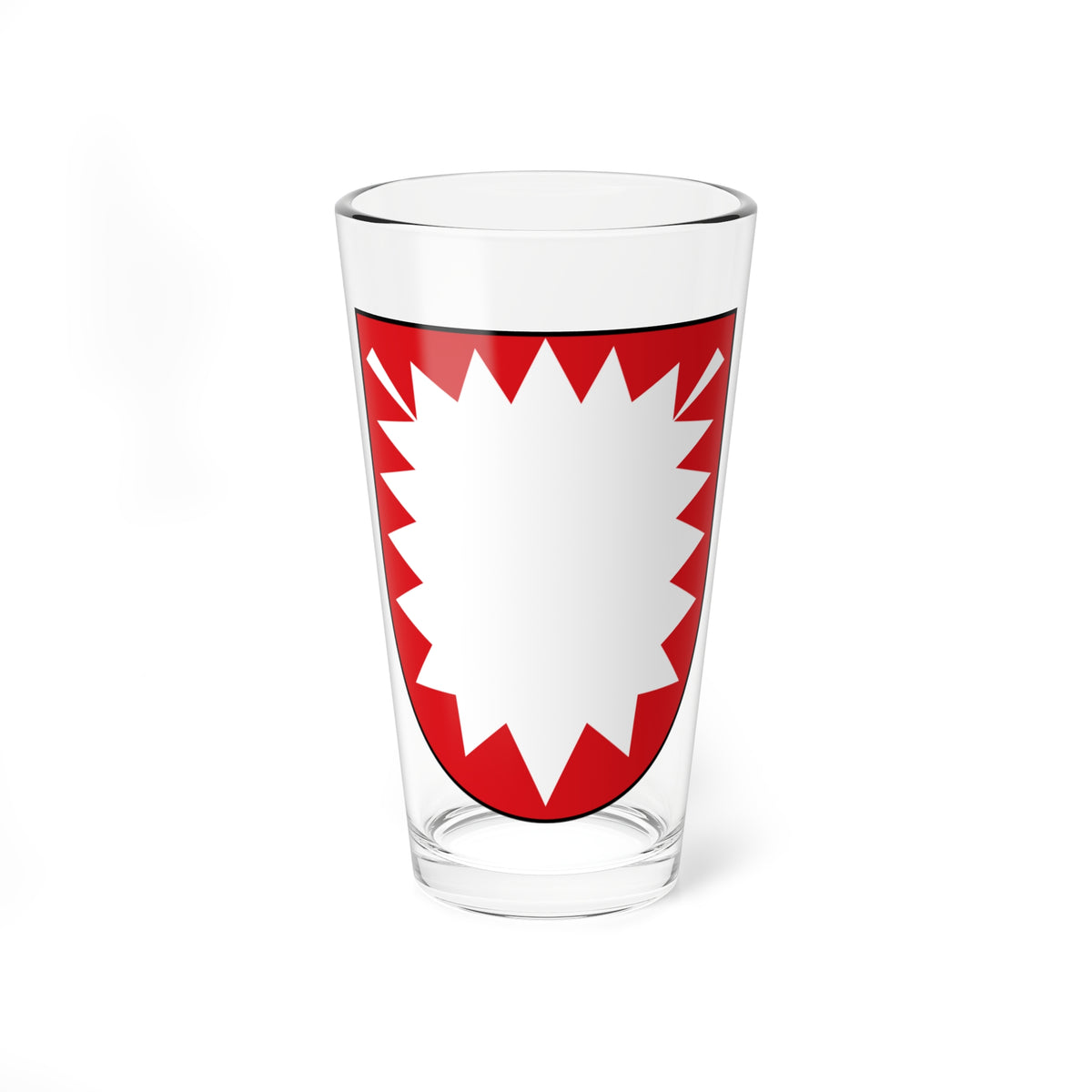A white spiked starburst charge centred on a red heater-shaped shield with a thin black outline.