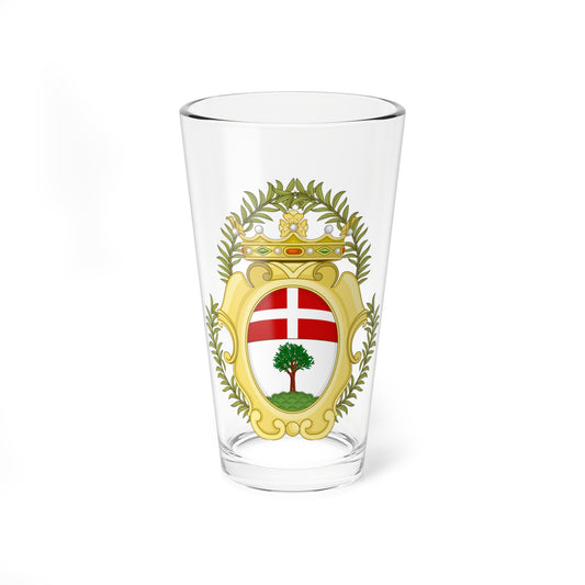 Gold oval coat of arms with a green tree on a mound below red and white bands, under a jewelled crown.