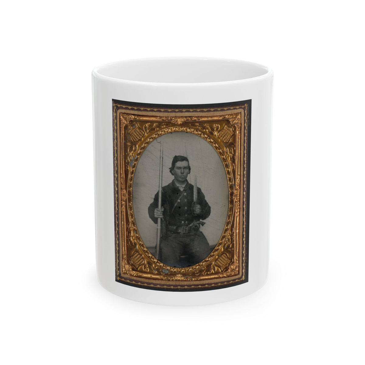 Unidentified Soldier In Confederate Uniform With D-Guard Bowie Knife, Musket, And Revolver (U.S. Civil War) White Coffee Mug