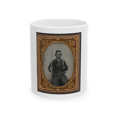 Unidentified Soldier In Confederate Uniform With D-Guard Bowie Knife, Musket, And Revolver (U.S. Civil War) White Coffee Mug