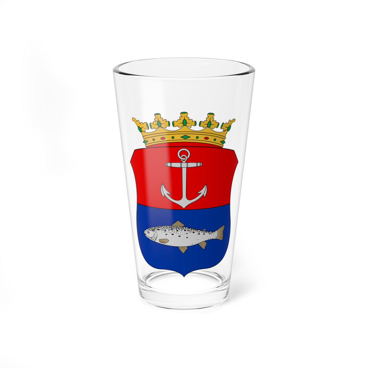 Shield split red over blue, with a silver anchor on red, a silver fish on blue and a gold crown above.