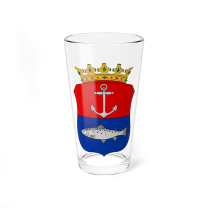 Shield split red over blue, with a silver anchor on red, a silver fish on blue and a gold crown above.