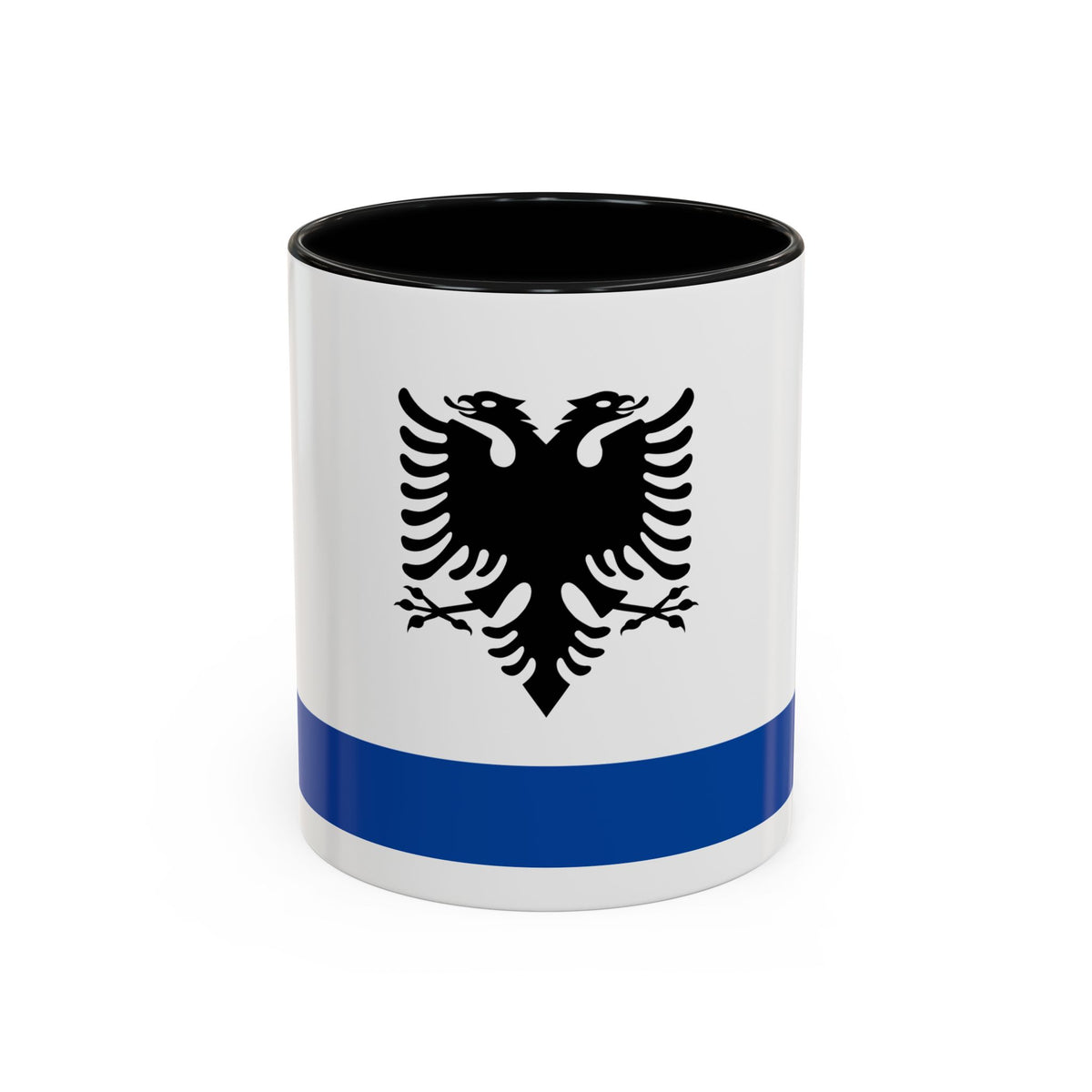Black double-headed eagle with spread wings centred on a white field above a blue band along the bottom.