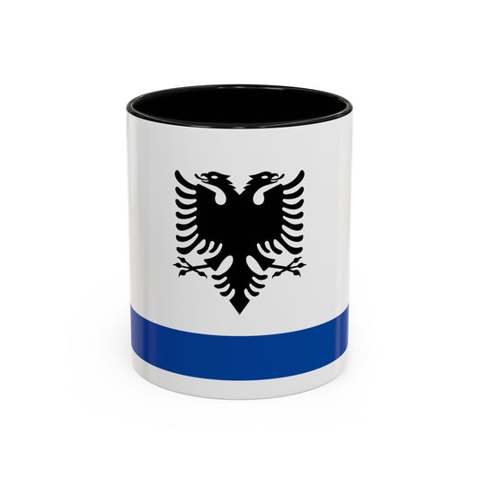 Black double-headed eagle with spread wings centred on a white field above a blue band along the bottom.